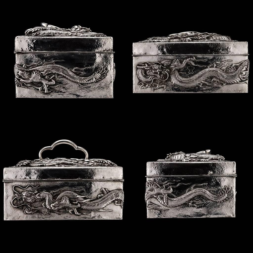 Description:

Antique early 20th century rare Japanese Meiji period solid silver jewellery box, exceptionally large and magnificent, double skinned body, spot-hammered surface, sides and lid are embossed in high-relief with a tridimensional