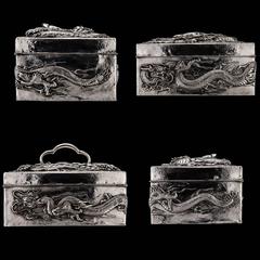 Antique Meiji Japanese Solid Silver Massive Dragon Jewelry Box, circa 1900