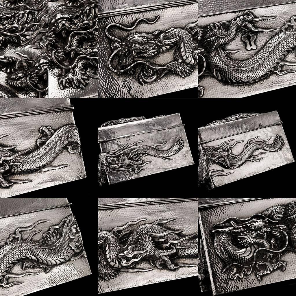 Early 20th Century Antique Meiji Japanese Solid Silver Massive Dragon Jewelry Box, circa 1900