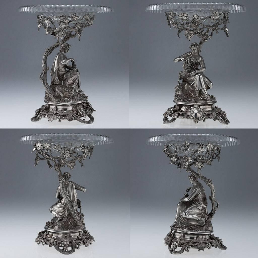 Description.

Antique 19th century magnificent pair of Victorian solid silver figural comports or tazze, each piece raised on a circular base applied with cast grapevine, surmounted by impressive and finely modelled mythological figures depicting