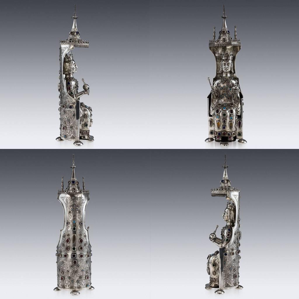 Antique 19th century German jewelled solid silver, extremely large and magnificent figures modelled as German King and Queen. The statues are well-refined, profusely jewelled with many precious stones of different sizes. The statues are of stunning