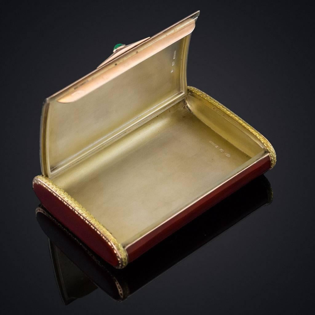 Antique early 20th century Imperial Russian silver-gilt and guilloche enamel cigarette case, rectangular form with rounded corners, body enameled in translucent red over a chevron ground, the ends mounted with finely engraved gold leaf boarder, lid