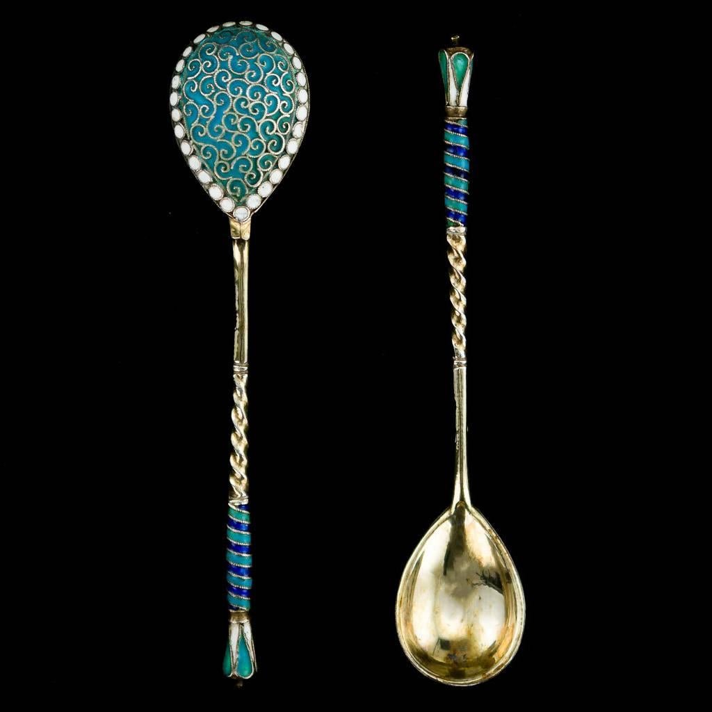 Rococo Antique Imperial Russian Solid Silver Enamel Cup Saucer Spoon, circa 1890
