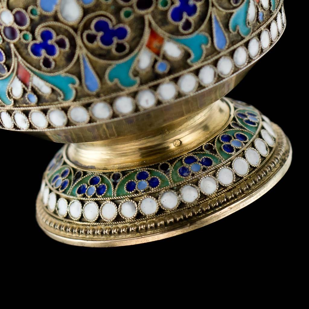 Antique Imperial Russian Solid Silver Enamel Cup Saucer Spoon, circa 1890 1