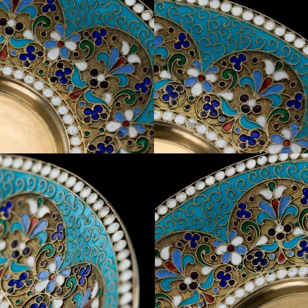 Antique Imperial Russian Solid Silver Enamel Cup Saucer Spoon, circa 1890 2