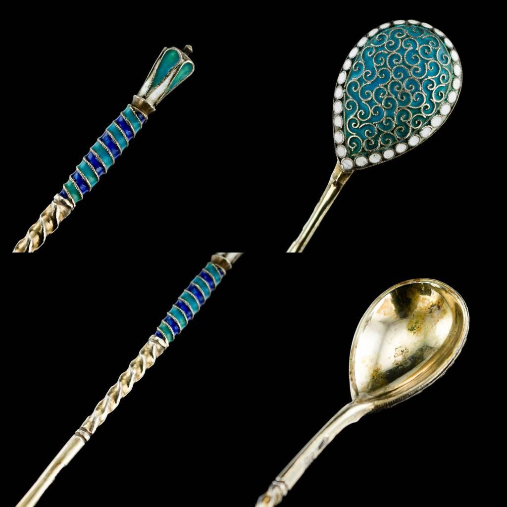 Antique Imperial Russian Solid Silver Enamel Cup Saucer Spoon, circa 1890 3