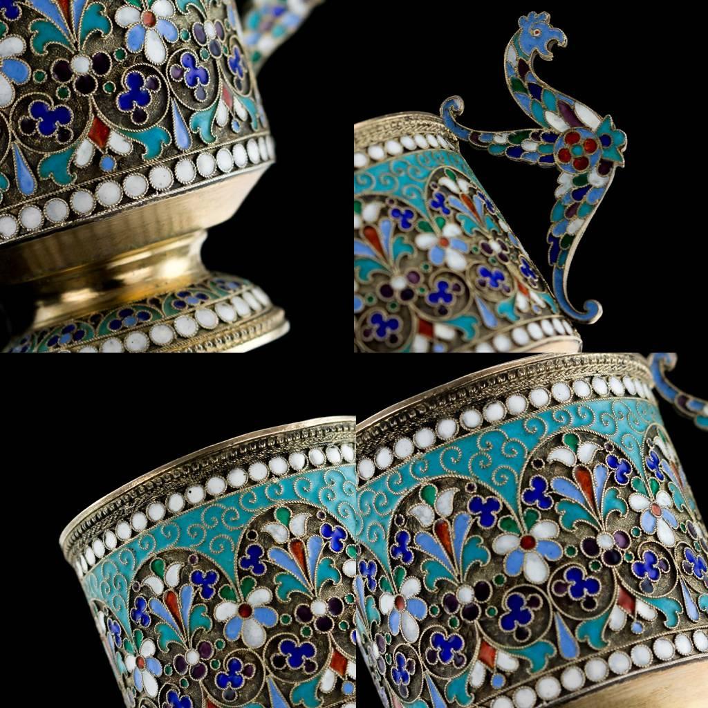 19th Century Antique Imperial Russian Solid Silver Enamel Cup Saucer Spoon, circa 1890