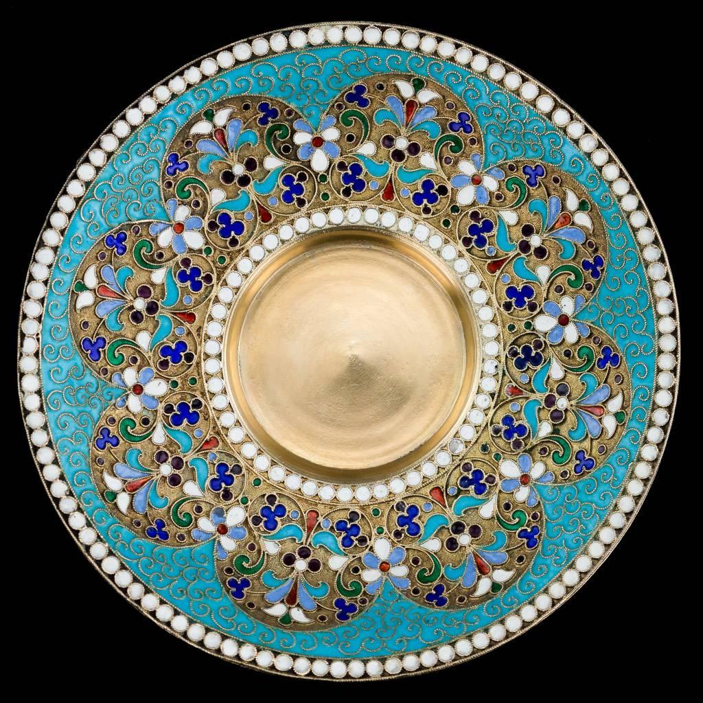 Cloissoné Antique Imperial Russian Solid Silver Enamel Cup Saucer Spoon, circa 1890