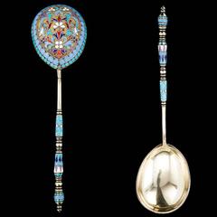 Antique 20th Century Russian Solid Silver & Cloisonne Enamel Spoon, circa 1900