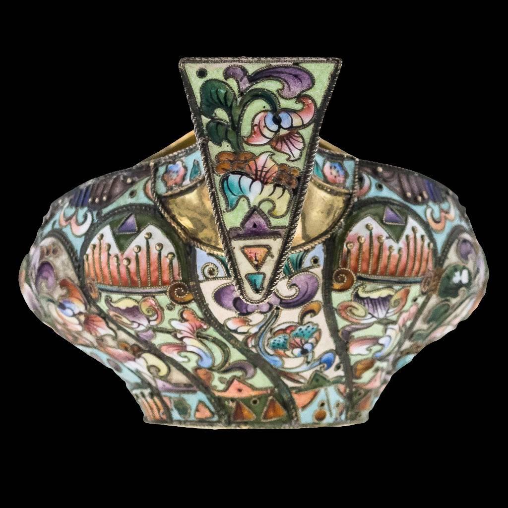 Cloissoné 20th Century Russian Solid Silver and Shaded Enamel Kovsh 20 Artel, circa 1910