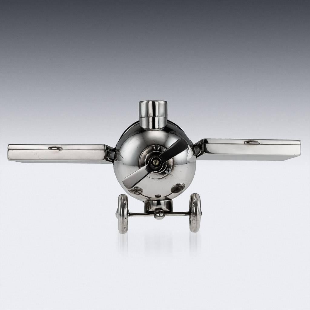 Antique German Art Deco Solid Silver Airplane Smokers Companion, circa 1930 In Excellent Condition In Royal Tunbridge Wells, Kent
