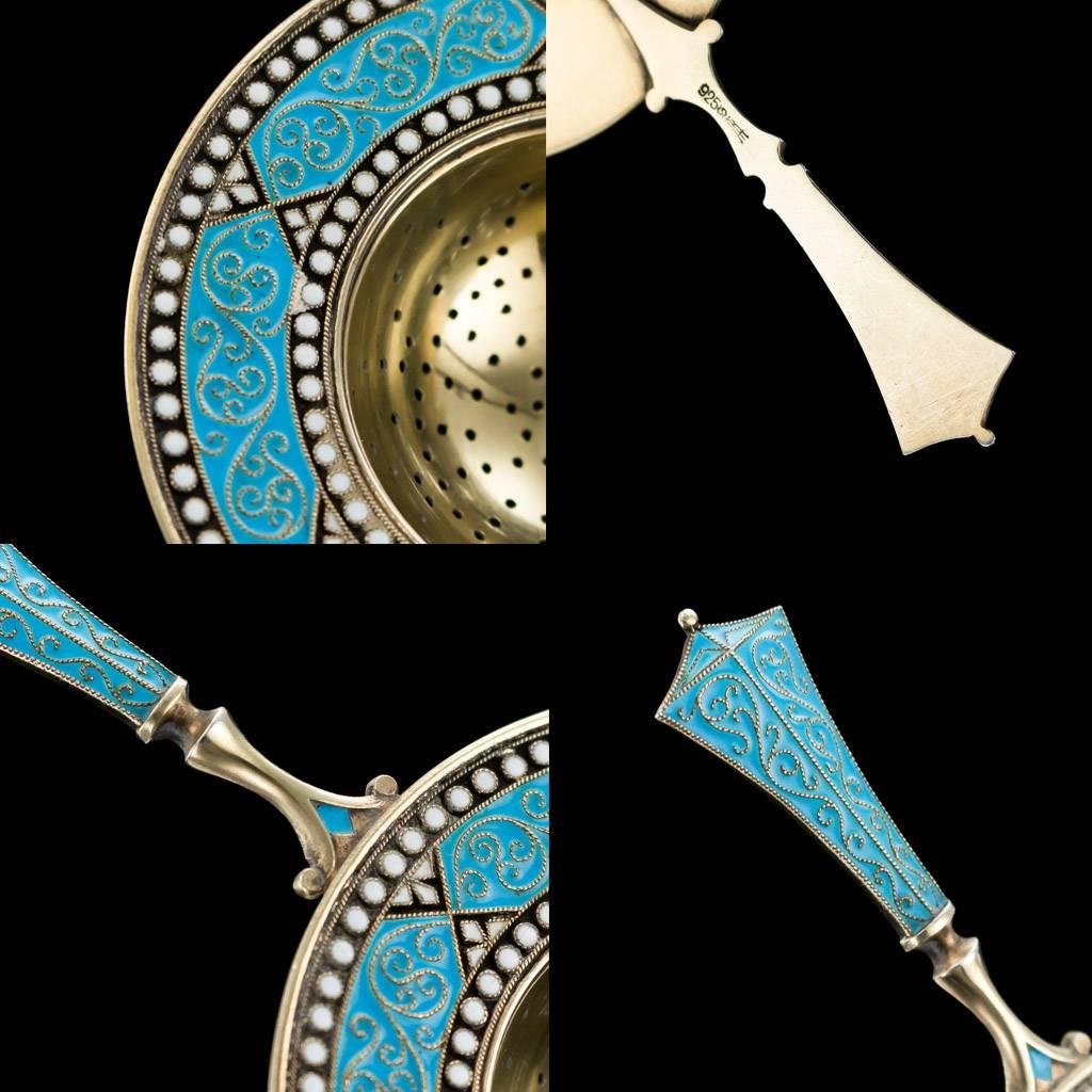19th Century Antique Norwegian Solid Silver & Enamel Spoons & Strainer, Andersen, circa 1890