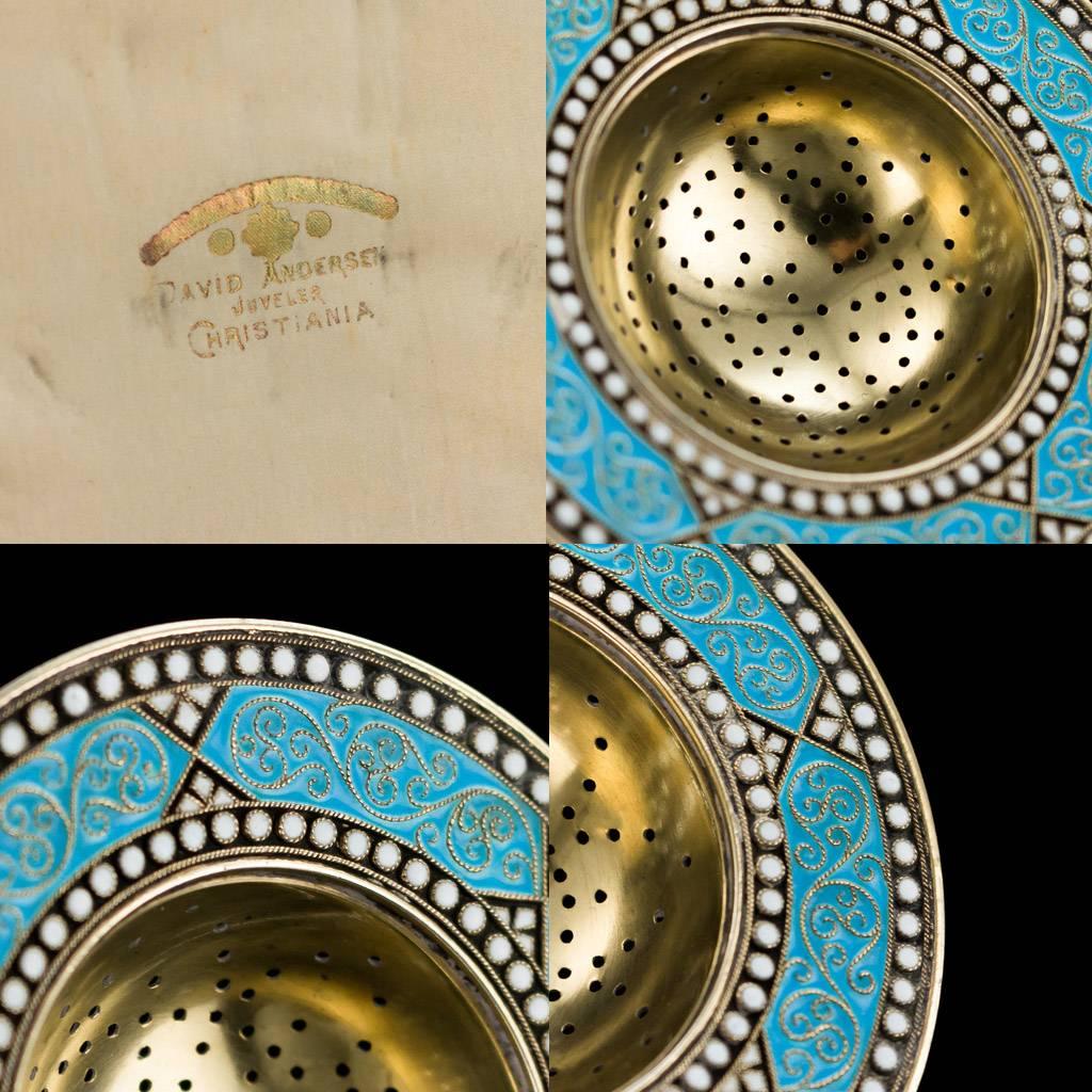 Antique Norwegian Solid Silver & Enamel Spoons & Strainer, Andersen, circa 1890 1