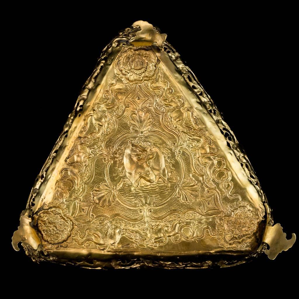 Antique early-19th century extremely rare Georgian Solid Silver impressively large and extremely heavy cast, embossed tea kettle stand. Extraordinary and magnificent, richly gilt, featuring very rare designs in the style of the 17th century,