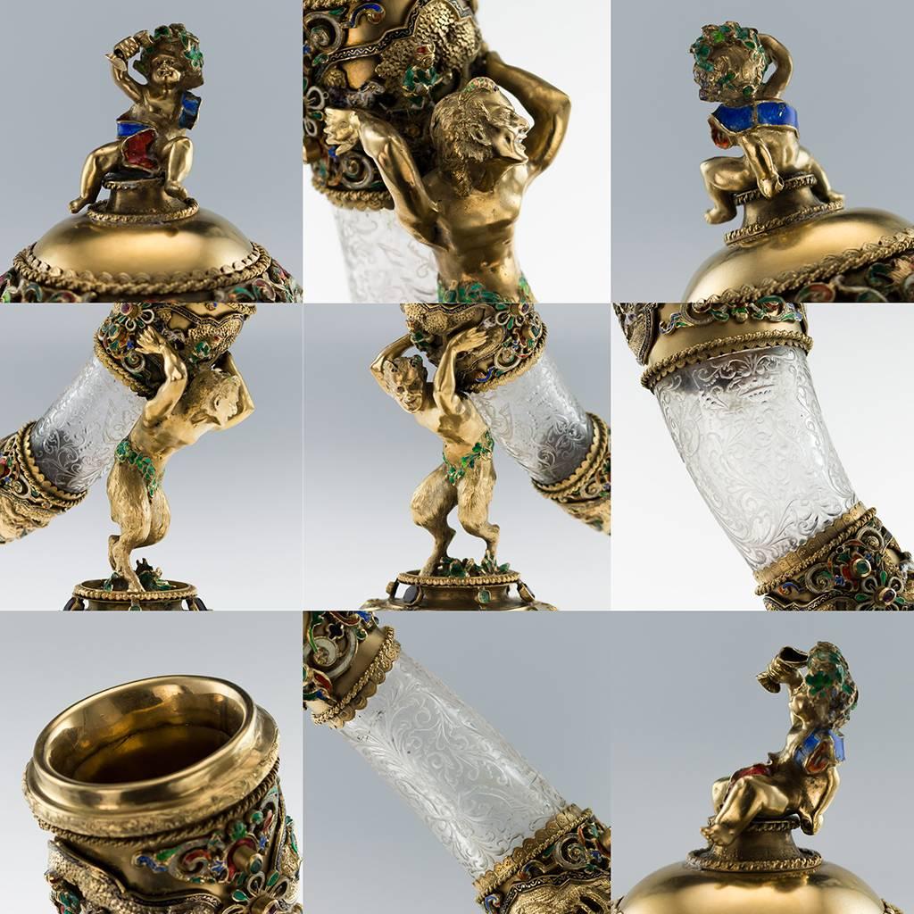 19th Century Antique Austrian Silver Gilt, Rock Crystal and Enamel Hunting Horn, circa 1890