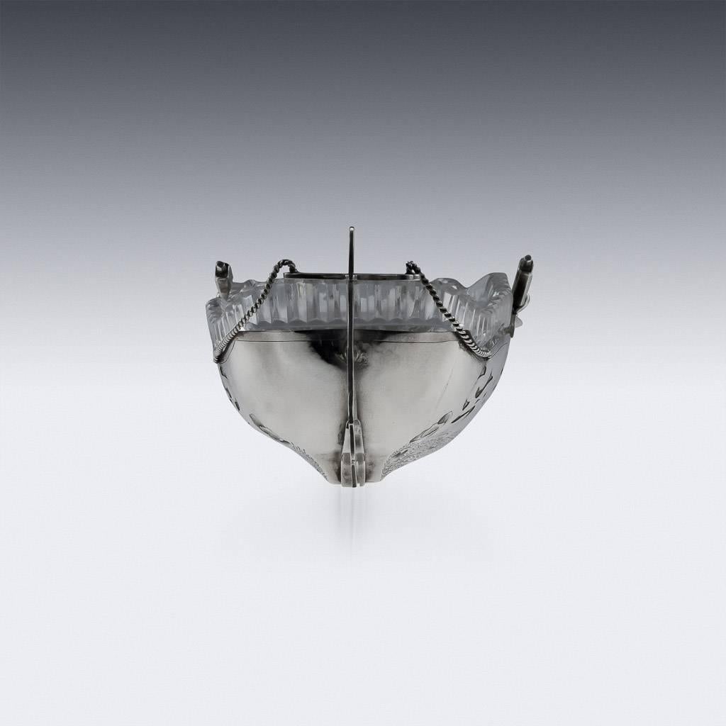 Cut Glass Antique Imperial Russian Solid Silver and Glass Caviar Boat, Moscow, circa 1910