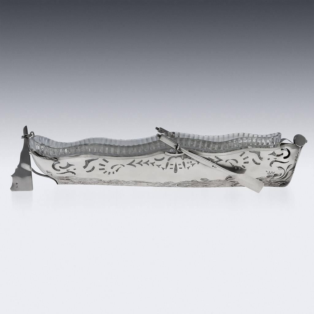 20th Century Antique Imperial Russian Solid Silver and Glass Caviar Boat, Moscow, circa 1910