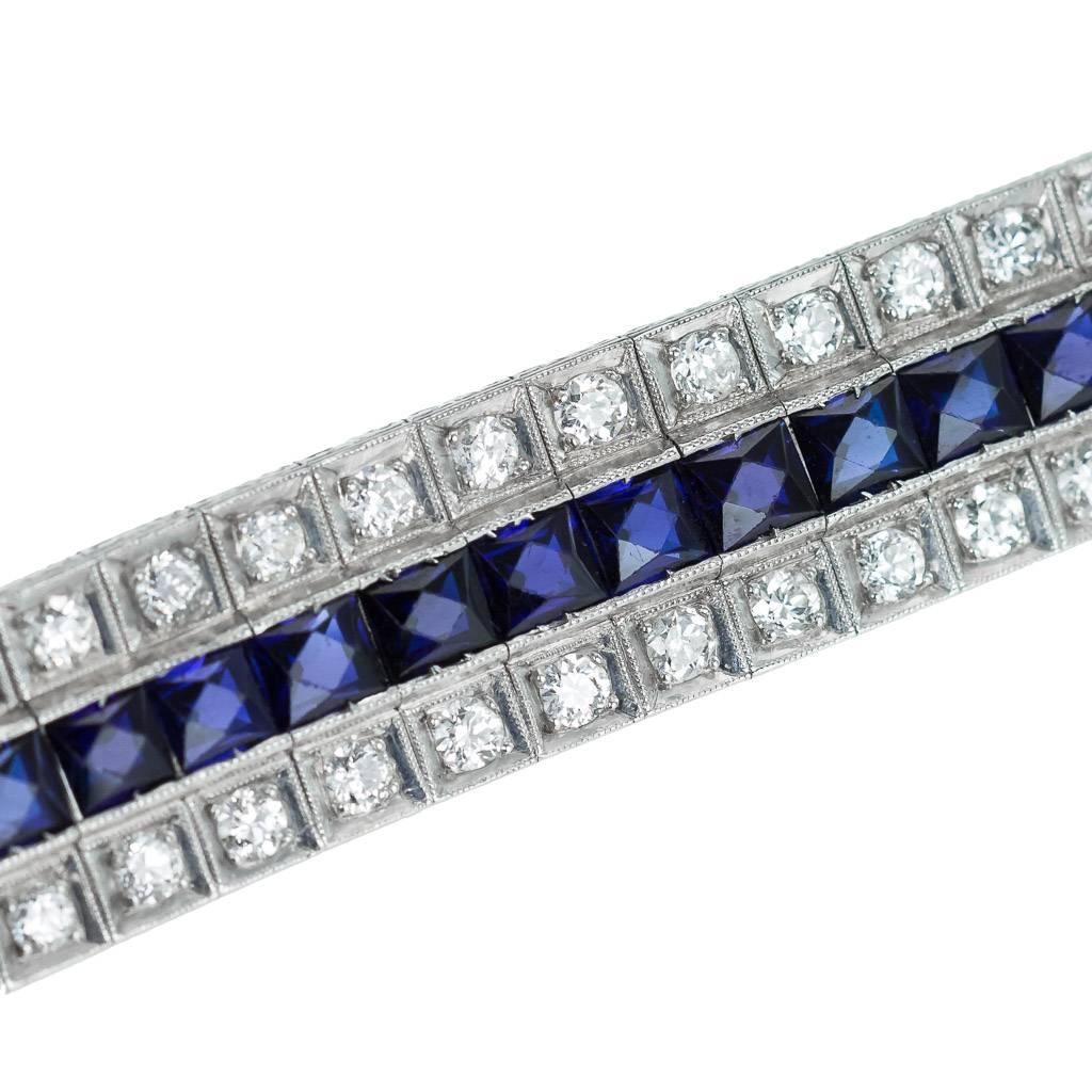 Description:

Antique 20th century Art Deco exceptional platinum, sapphire and diamond bracelet, designed as three rows set with 80 round cut diamonds and 40 square-cut sapphires. The work closely reminds of the Art Deco pieces made by Tiffany &
