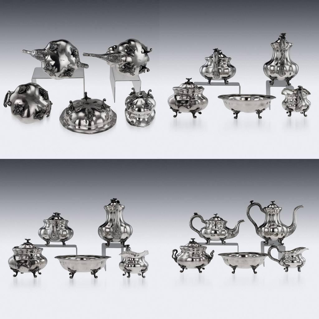 Antique 19th century rare Imperial Russian solid silver five-piece tea set, comprising of coffee pot, teapot, covered sugar bowl, cream jug and sweets bowl, each rounded melon shaped body resting on four leaf scroll-shaped feet, handles