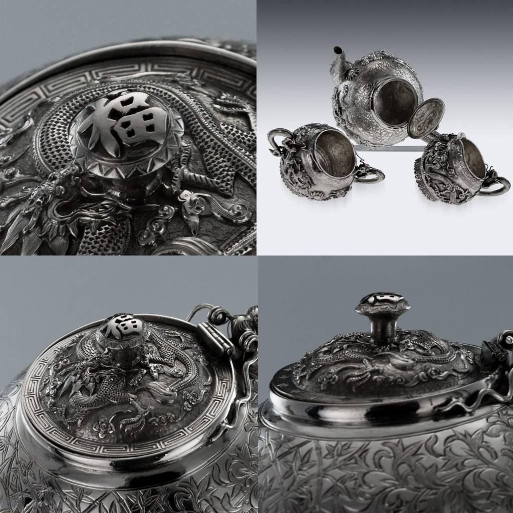 Antique 19th Century Chinese Export Tu Mao Xing Solid Silver Dragon Tea Set In Excellent Condition In Royal Tunbridge Wells, Kent