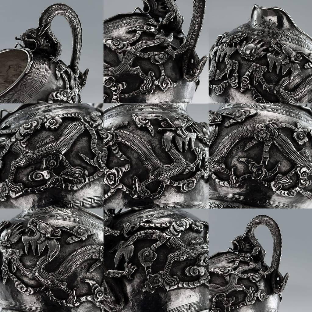 Antique 19th Century Chinese Export Tu Mao Xing Solid Silver Dragon Tea Set 3