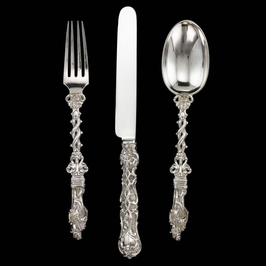Description:

Antique 19th century Victorian solid silver christening set, comprising a fork, knife and spoon, beautifully made in the apostle pattern.

The set comes in the original fitted retailer's box stamped 