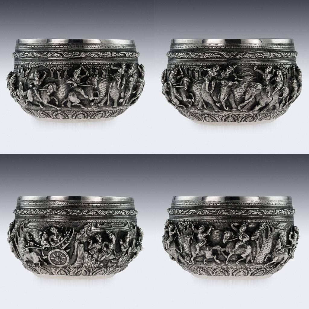 Description

Antique 19th century exceptionally rare Burmese, Myanmar solid silver pair of repousse' bowls, very well made and heavy gauge, repousse' decorated in high relief with scenes from the Burmese mythology, representing various figures and