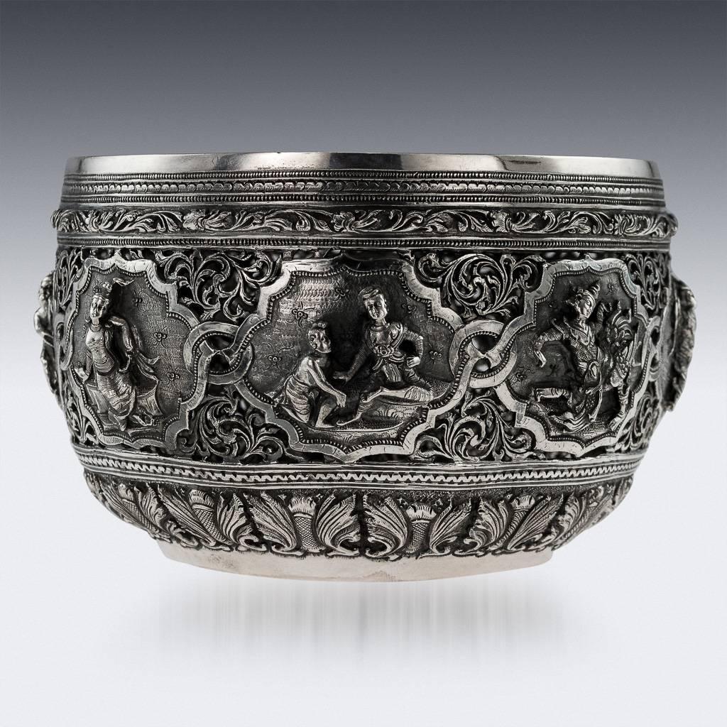 Description

Antique 19th Century exceptionally rare Burmese, Myanmar solid silver repousse' bowls, very well made and heavy gauge, pierced and repousse' decorated in high relief with plaques dipicting different scenes from the Burmese mythology.