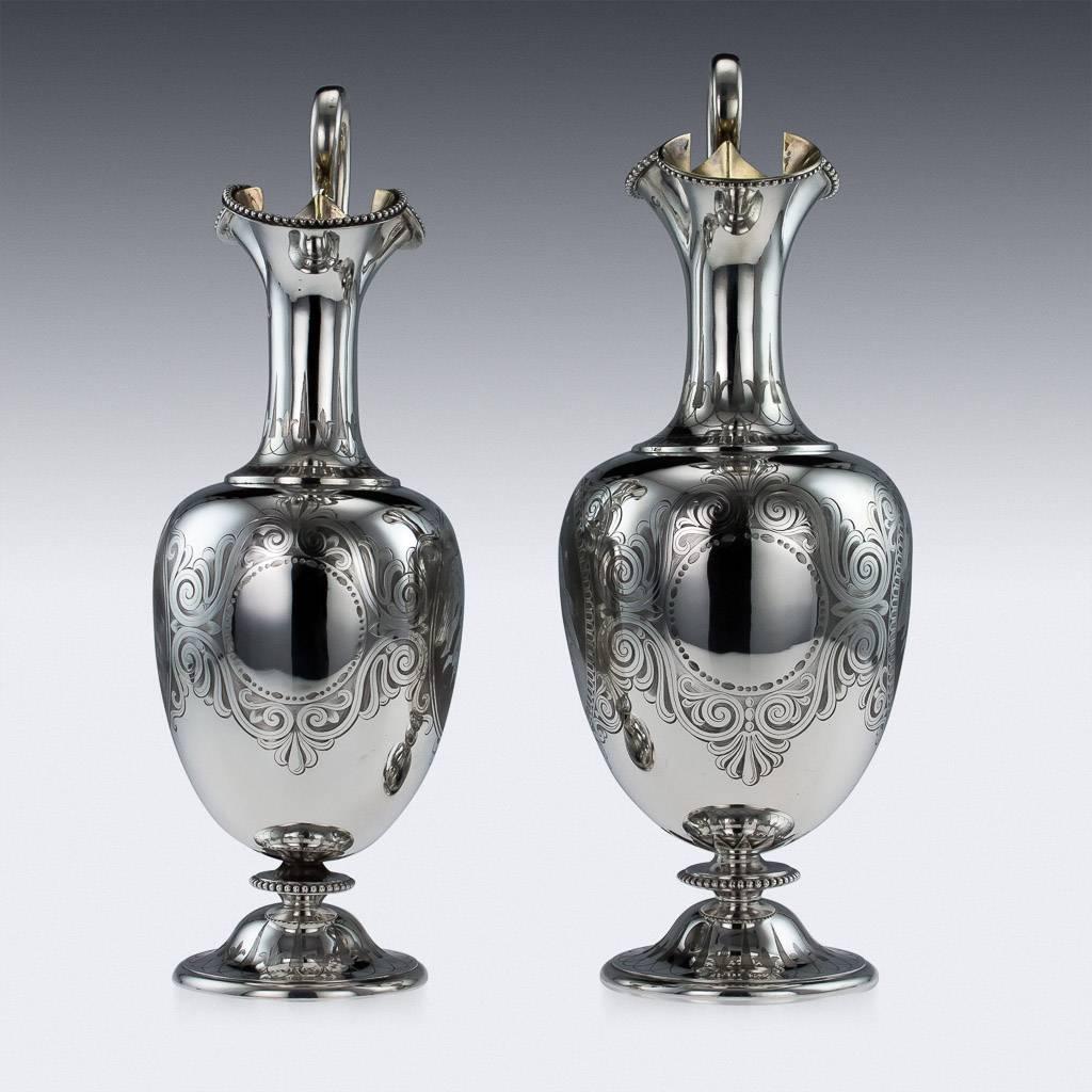 English Antique 19th Century Victorian Solid Silver Pair of Wine Jugs, George Angell