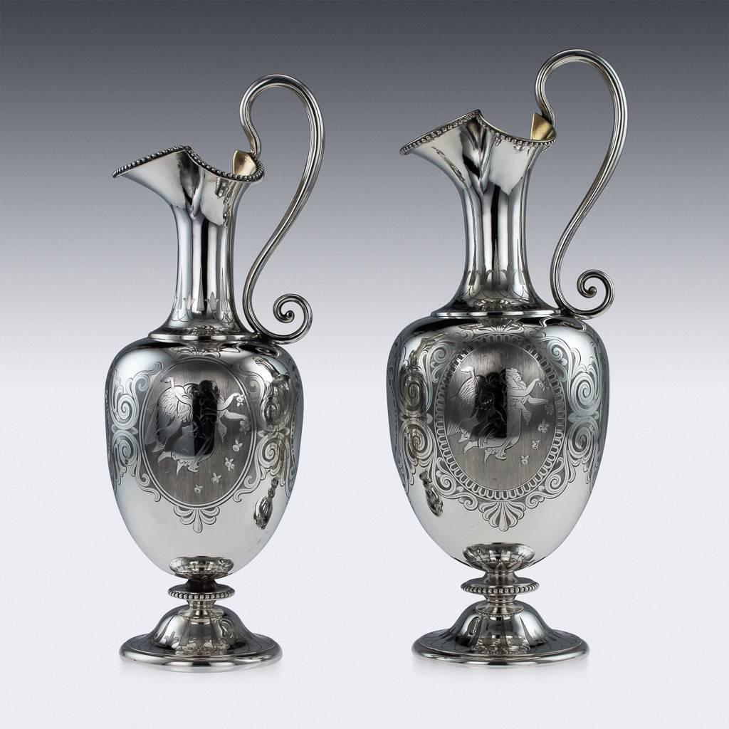 Sterling Silver Antique 19th Century Victorian Solid Silver Pair of Wine Jugs, George Angell