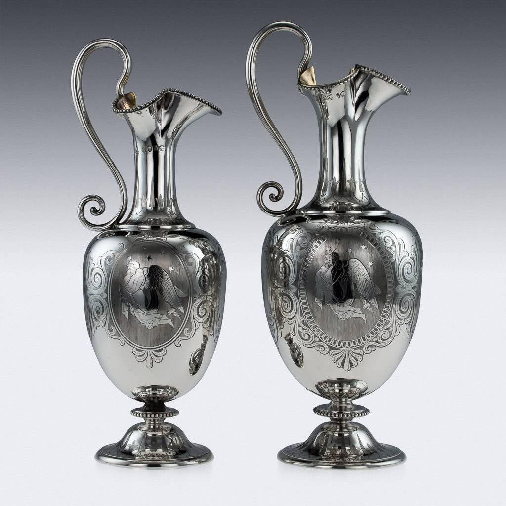 Antique 19th Century Victorian Solid Silver Pair of Wine Jugs, George Angell In Excellent Condition In Royal Tunbridge Wells, Kent