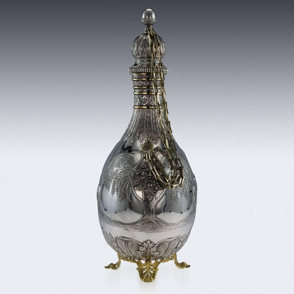 Description

Antique style 20th century rare and impressive solid silver pilgrim flask, of traditional flask form, the pull off cover embossed with palm leaves above a bead border and lobed rim, mounted with a large acorn finial, gilt chains