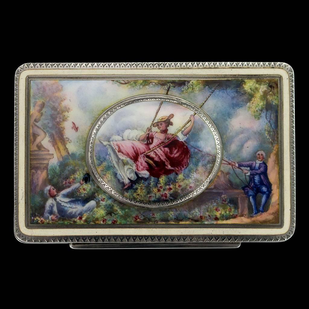 Description

Antique late 19th century continental solid silver and hand-painted enamel jewellery box, of plain rectangular form, body and hinged cover hand-painted depicting an exceptionally well-painted Romantic scene: a lady dressed in 18th