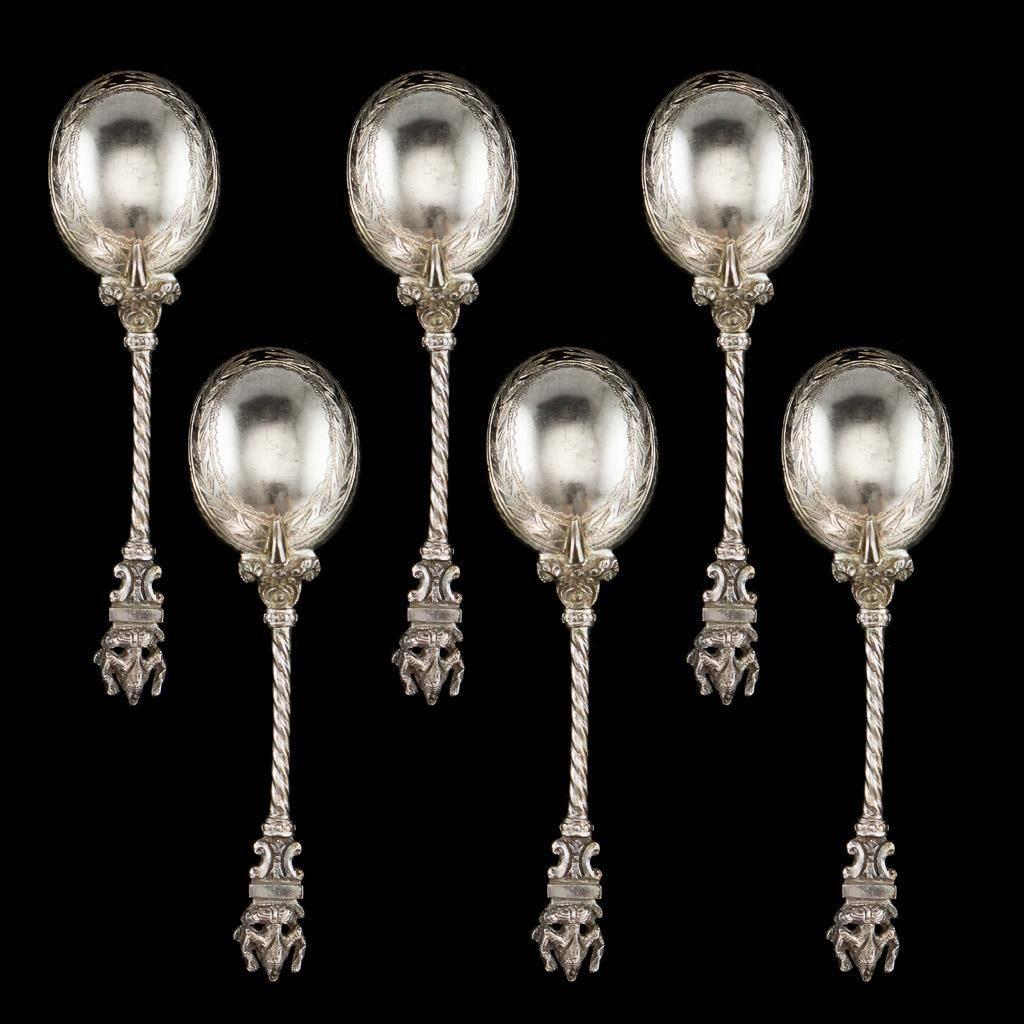Description

Antique 19th century rare Indian Colonial solid silver set of cased six spoons and tongs, beautifully chased and decorated depicting Hindu gods and goddesses. The silver features an unusually heavy gauge and high-quality compared to
