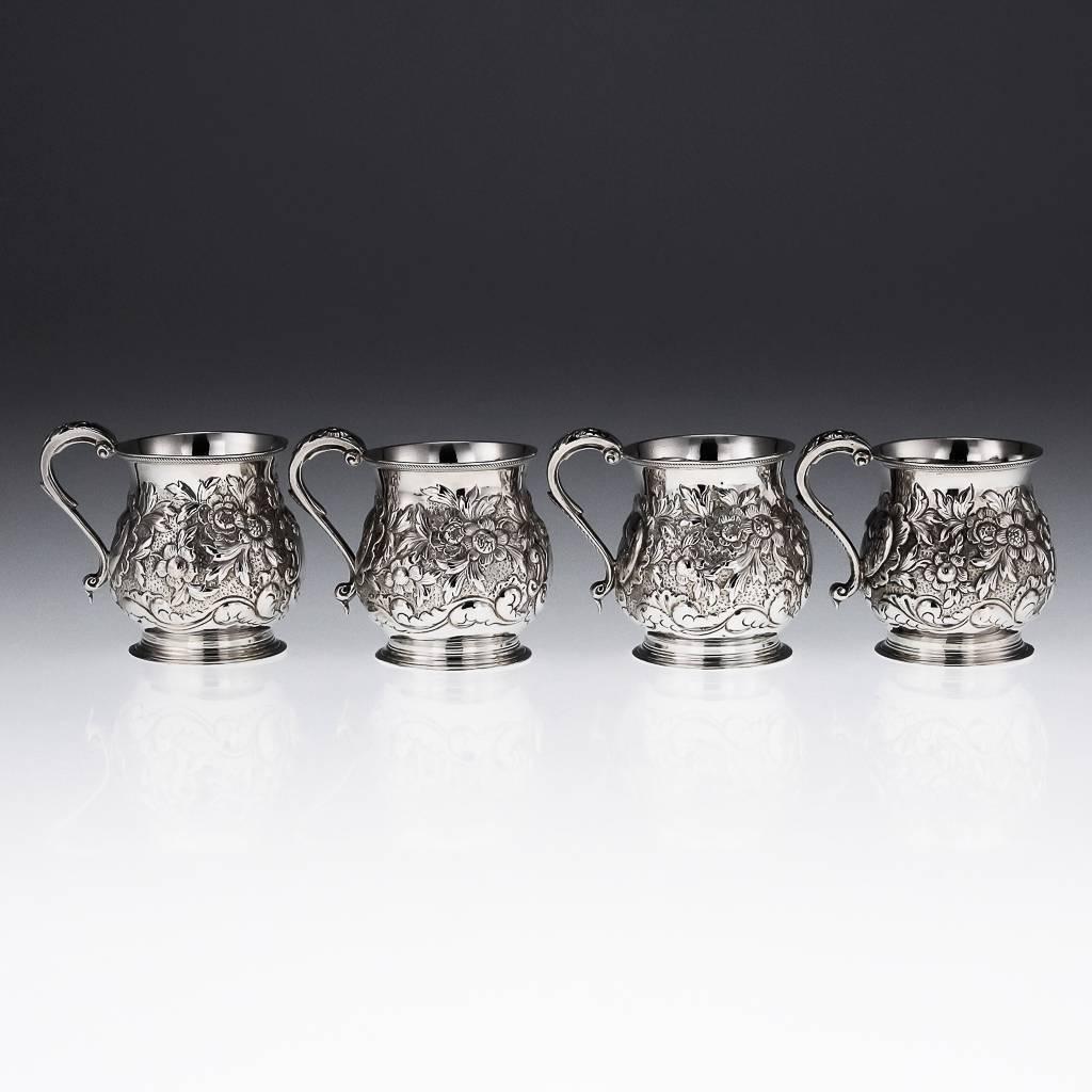 Description

Antique 19th century rare Georgian set of four solid silver mugs, each profusely embossed with scrolls and flowers, the front is engraved with a small crest, cast handles also embellished with flowers. A complete set of four Georgian