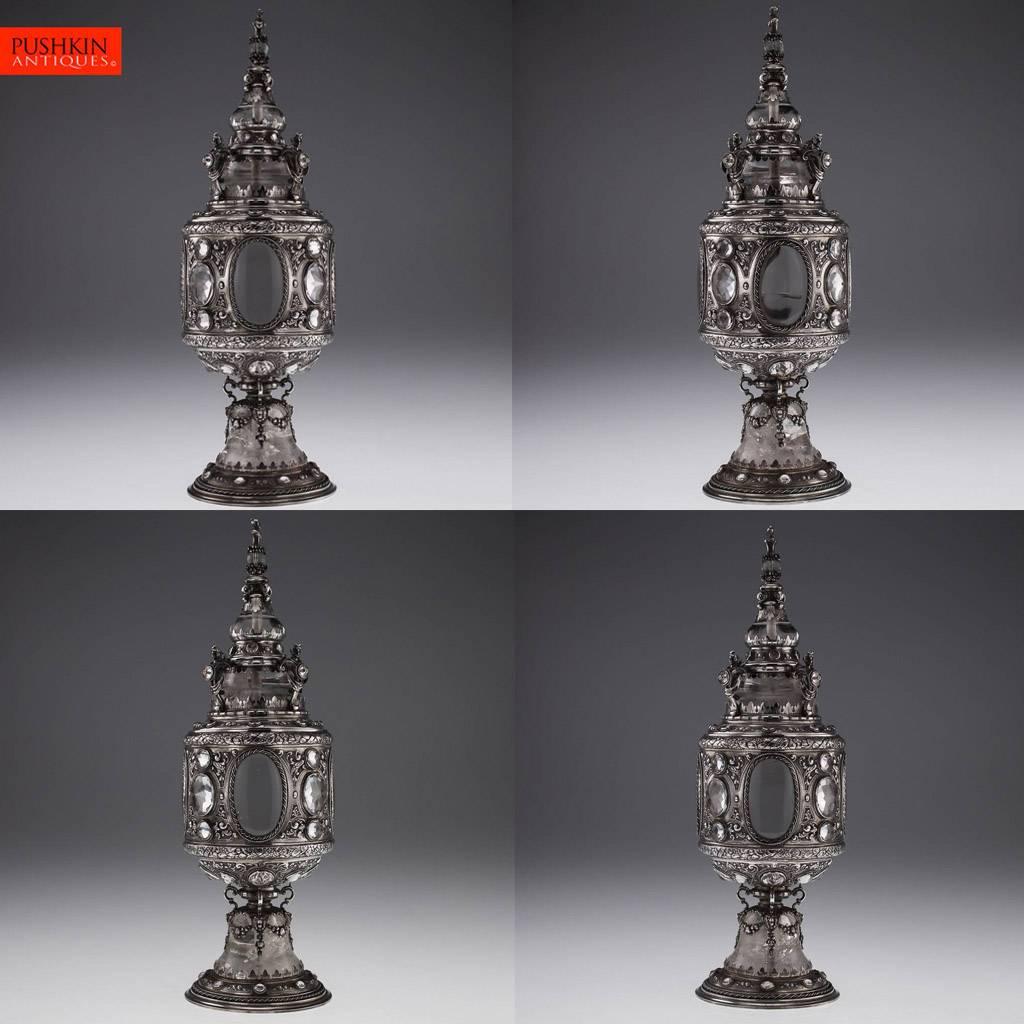Antique 19th century Austro-Hungarian solid silver mounted rock crystal cup and cover, magnificent, impressively large and heavy, the cup is in the style of the Italian, 16th century Renaissance rock crystal cups / reliquaries, the foot, body and