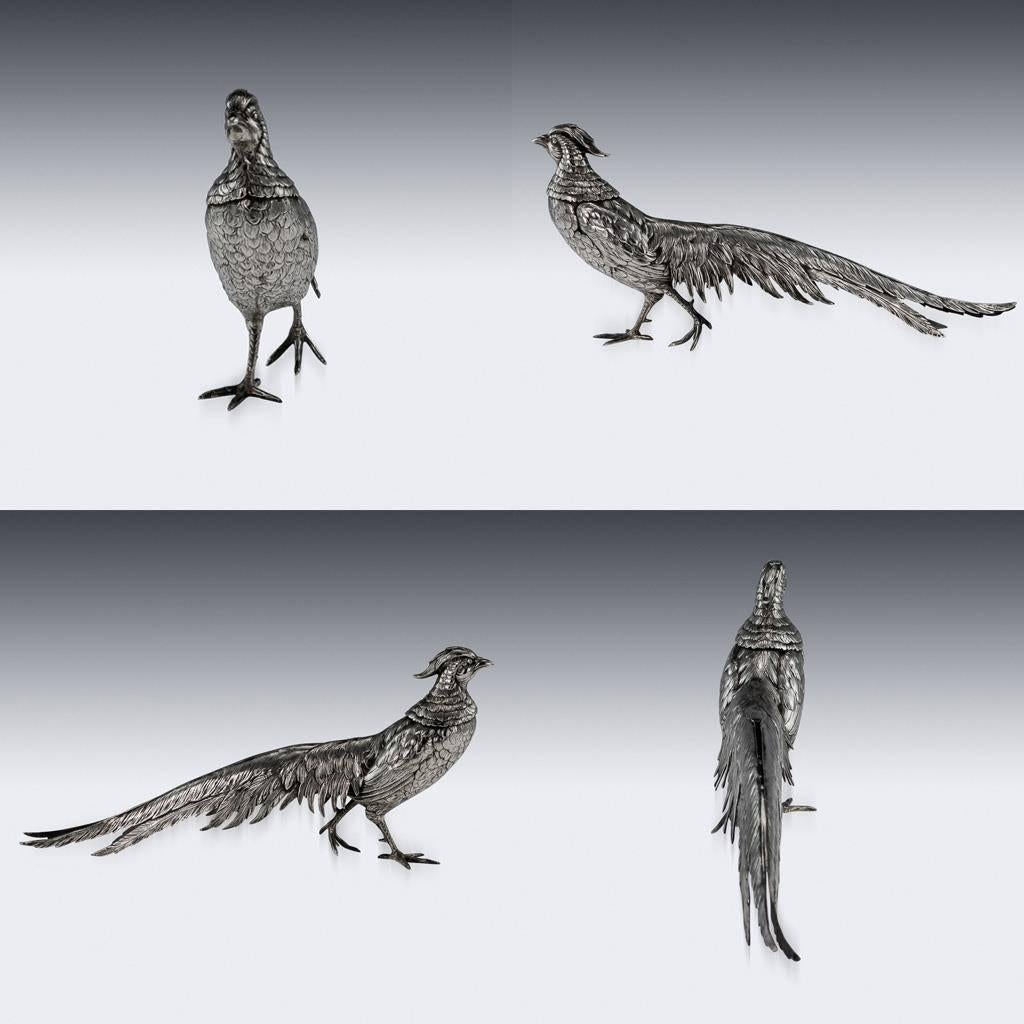 Antique 20th Century German Solid Silver Pair of Pheasant Statues, circa 1900 In Excellent Condition In Royal Tunbridge Wells, Kent