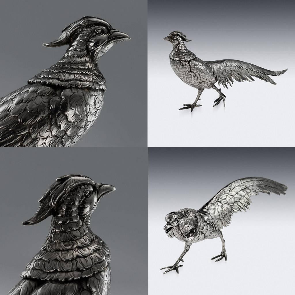 Antique 20th Century German Solid Silver Pair of Pheasant Statues, circa 1900 2