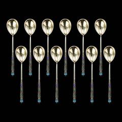 Antique Russian Solid Silver Gilt & 12 Cloisonne Enamel Spoons, circa 1890