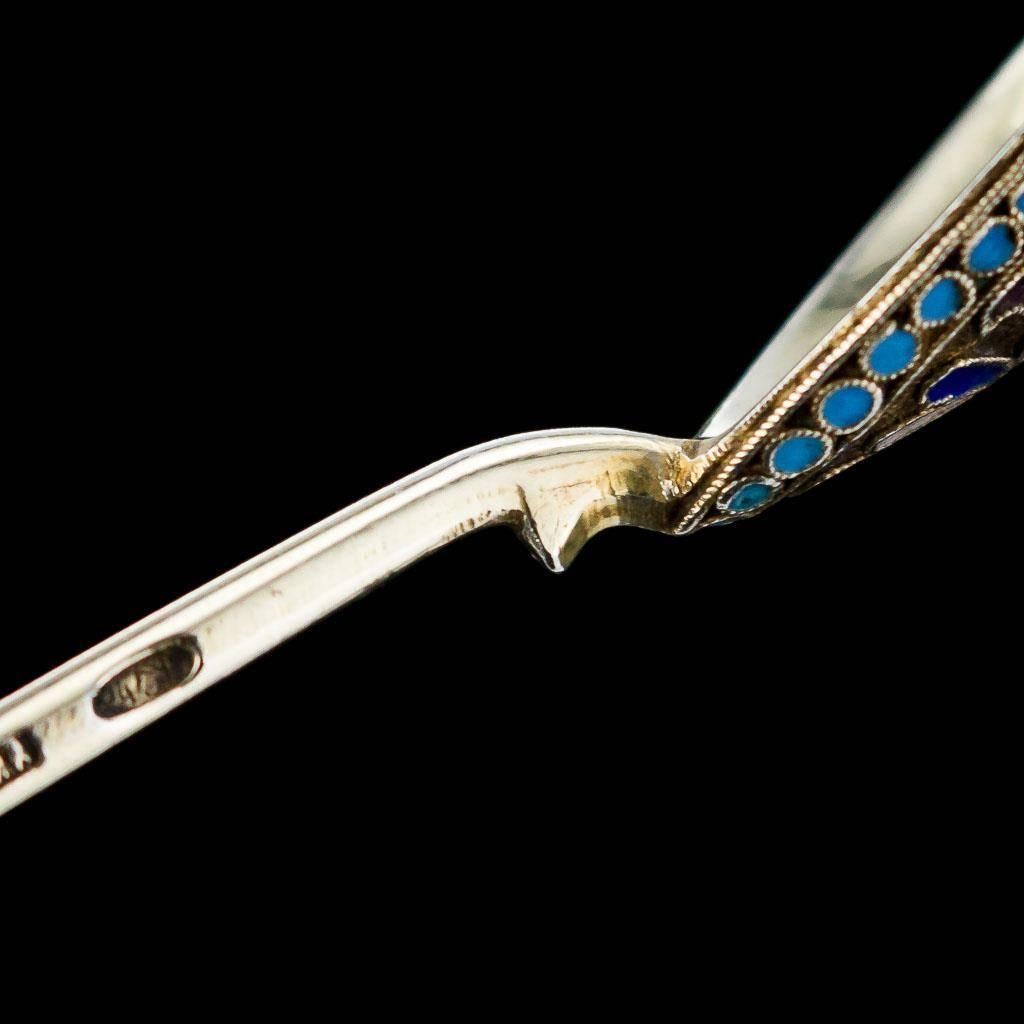 Antique Russian Solid Silver Gilt & 12 Cloisonne Enamel Spoons, circa 1890 2