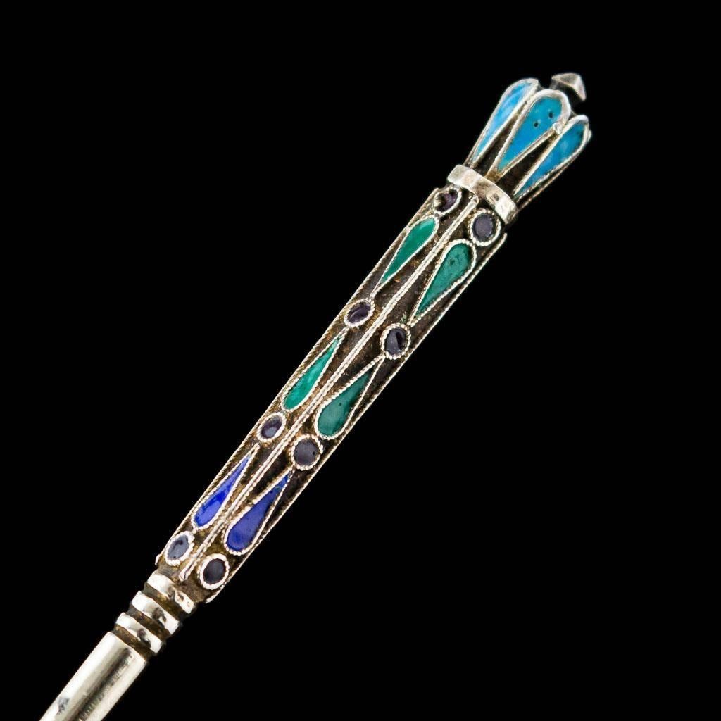 Antique Russian Solid Silver Gilt & 12 Cloisonne Enamel Spoons, circa 1890 4