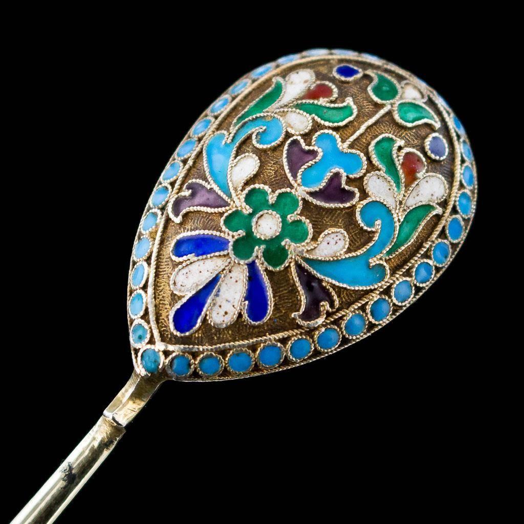 19th Century Antique Russian Solid Silver Gilt & 12 Cloisonne Enamel Spoons, circa 1890