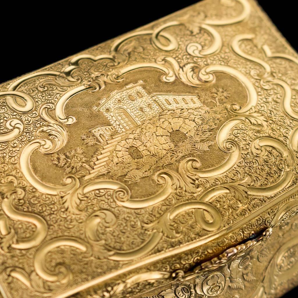 Antique German 14-Karat Solid Gold Engraved Castle Snuff Box, circa 1860 In Excellent Condition In Royal Tunbridge Wells, Kent