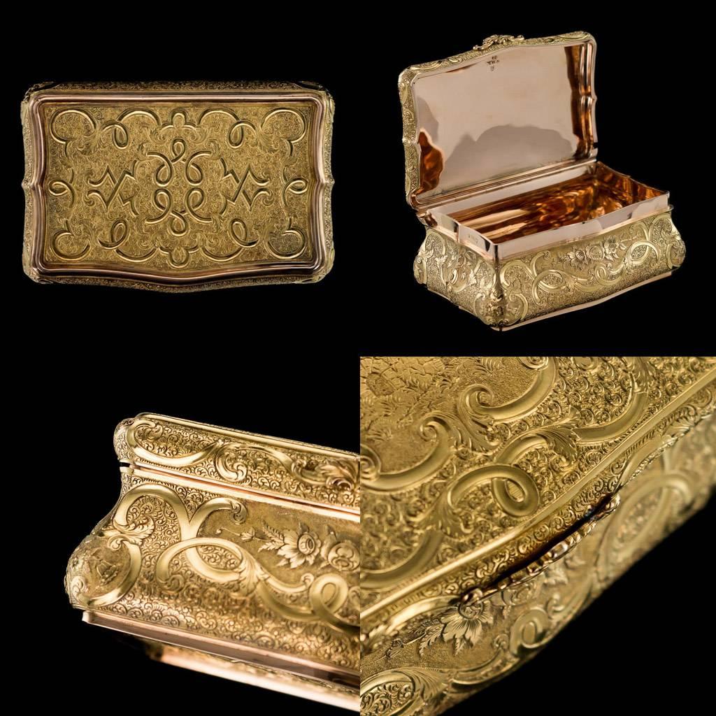 14k Gold Antique German 14-Karat Solid Gold Engraved Castle Snuff Box, circa 1860