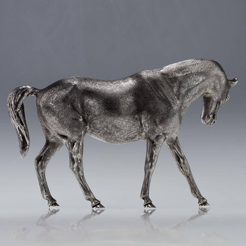 Description

Modern 20th century English solid silver table ornament modelled as a horse, very heavy and finely chiselled imitating the texture of the horse's coat.

The statue is hallmarked English silver (925 standard), London, year 1983 (I),
