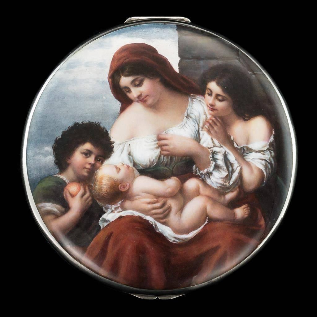 Antique 20th century magnificent German hand-painted enamel applied on a solid silver box, beautifully painted depicting mother and her three children, the painting is clearly inspired by Johann Georg Meyer Von Bremen a famous German painter who in