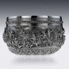 Antike, außergewöhnliche, handgefertigte birmanische Schale aus massivem Silber, um 1880