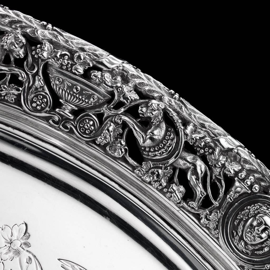 Antique Victorian Cellini Solid Silver Salver, S.Smith, London, circa 1868 In Excellent Condition In Royal Tunbridge Wells, Kent