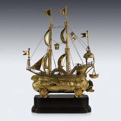 Antique 20th Century German Monumental Solid Silver Gilt Neff Galleon Ship