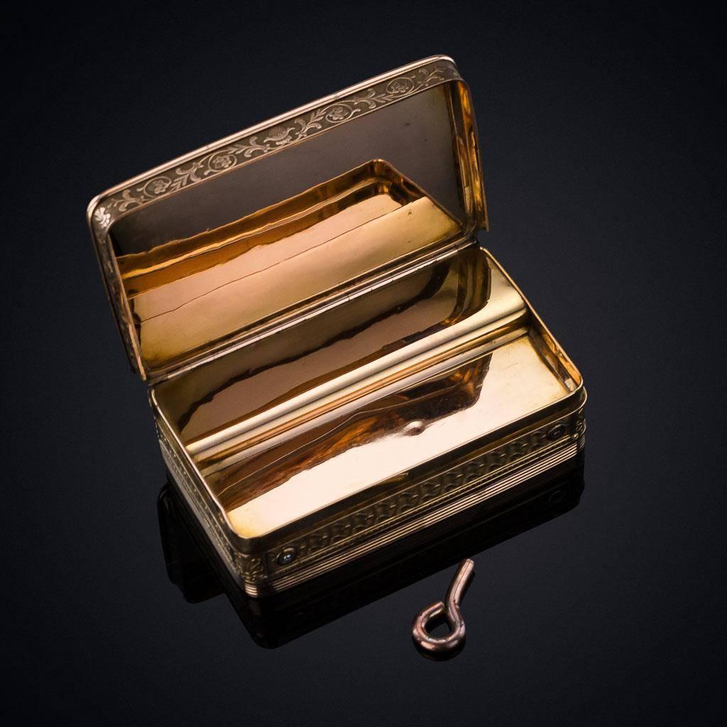 Antique 19th Century French very rare silver gilt musical snuff box, of traditional form, the base and the cover with panels of peaked-pattern engine turning within stamped sable boarders, the same pattern is repeated along the sides. Comes with its